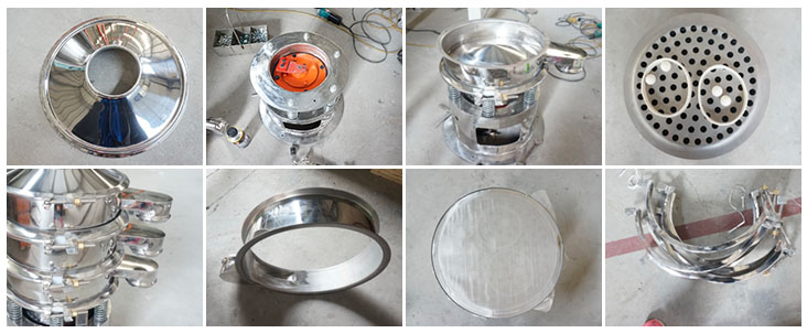 不銹鋼振動(dòng)篩結(jié)構(gòu)展示：防塵蓋，出料口，閘門(mén)，篩網(wǎng)于彈跳球，底座，振動(dòng)彈簧等。