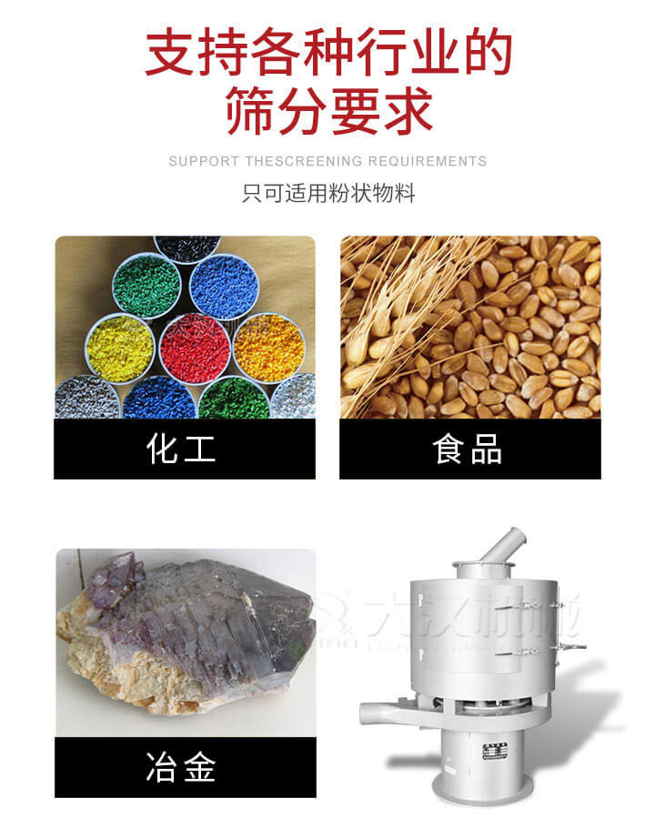 氣流篩用于礦粉，石墨粉，活性納米碳酸鈣，鋁灰，大豆粉，碳酸重鈣，石墨粉，木粉，干草，重金石粉，藥粉末，橡膠顆粒，草酸鹽，干料粉，木粉，聚酯粉，干粉，塑料，金屬粉末，橡膠粉，粉煤灰，石墨粉，陶瓷粉，鋅粉，石英粉，石灰粉，鐵粉，金屬硅粉等。
