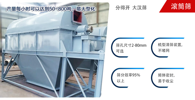 滾筒篩分開放式,封閉式兩種選擇無塵篩分。無軸滾筒：適用生活垃圾等一些有一定纏繞性物料;有軸滾筒：適用石料，砂土等含水量較少的物料