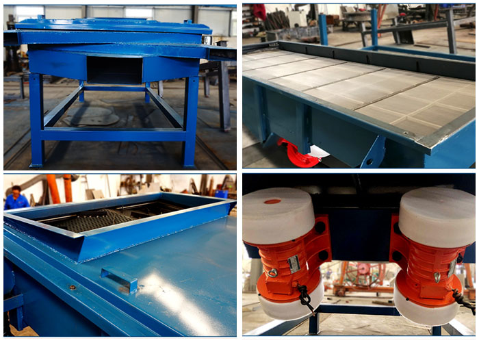 方形振動(dòng)篩出料口，篩網(wǎng)和網(wǎng)架，進(jìn)料口，振動(dòng)電機(jī)等細(xì)節(jié)展示。