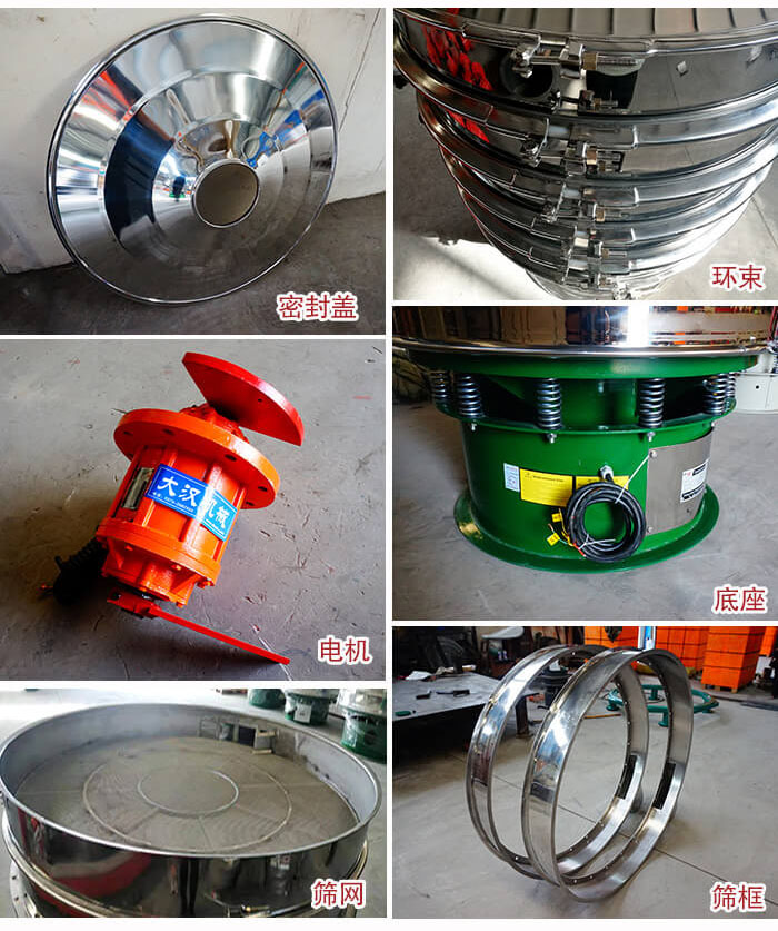 部件包括：密封蓋，環(huán)束，電機(jī)，底座，篩網(wǎng)，篩框等。