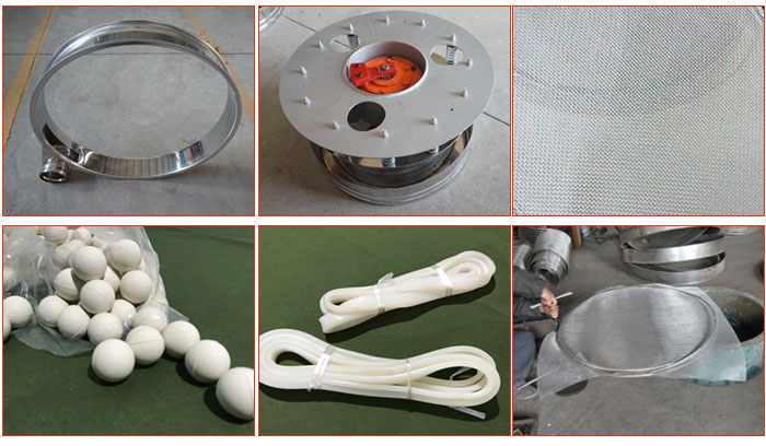 800型全不銹鋼振動(dòng)篩配件有：振動(dòng)篩篩框，電機(jī)，不銹鋼篩網(wǎng)等。