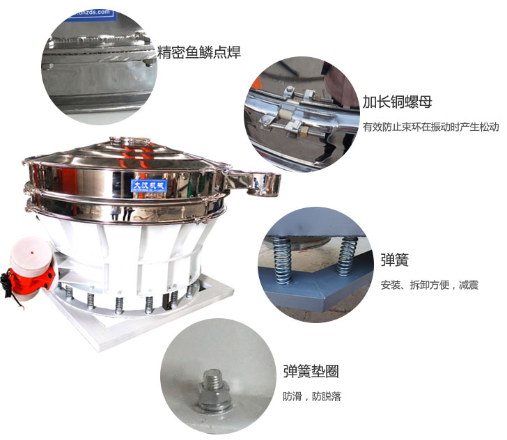 1500直排篩細(xì)節(jié)展示：彈簧，彈簧墊圈，加長銅螺母。