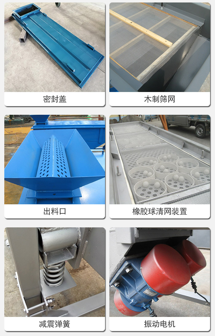 直線篩分機(jī)的結(jié)構(gòu)展示圖：篩箱是物料主要篩分設(shè)備之一，篩網(wǎng)用于篩分物料，振動(dòng)電機(jī)幫助篩網(wǎng)篩分。