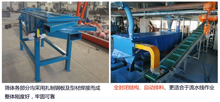 直線篩分機(jī)篩體各部分均采用扎制鋼板及型材焊接而成整體剛度好，牢固可靠；全封閉結(jié)構(gòu)、自動(dòng)排料、更適合于流水線作業(yè)。