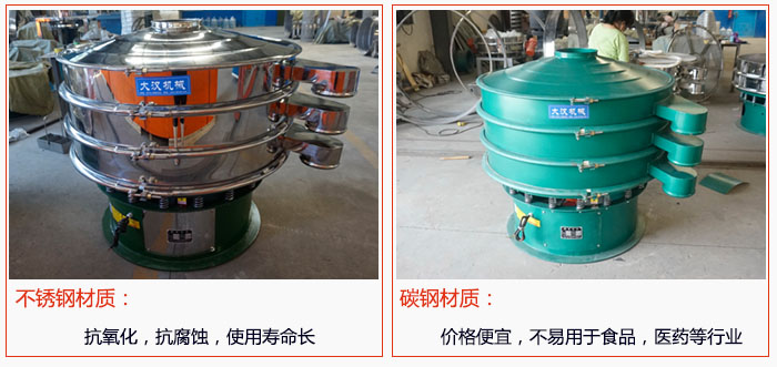 800型振動(dòng)篩有不銹鋼和碳鋼兩種材質(zhì)，不銹鋼材質(zhì)：抗氧化，抗腐蝕，使用壽命長(zhǎng) 碳鋼材質(zhì)：價(jià)格便宜，不易篩分食品，化工，醫(yī)藥等行業(yè)的物料。