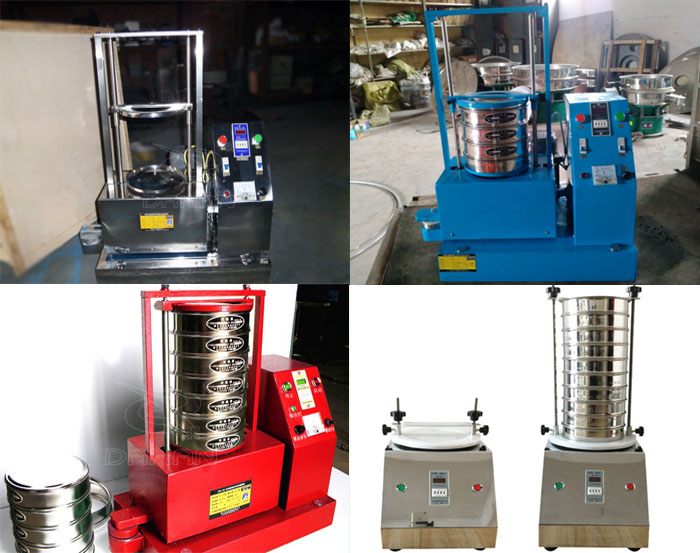 三種不同類型的試驗(yàn)篩，區(qū)別控制臺在下部或在右側(cè)。材質(zhì)為不銹鋼和碳鋼兩種，碳鋼材質(zhì)做了噴漆有：紅色和藍(lán)色兩種。