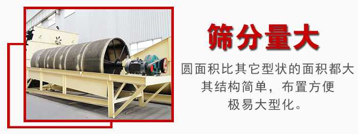 滾筒篩篩分產(chǎn)量大，產(chǎn)量可達(dá)200噸/時