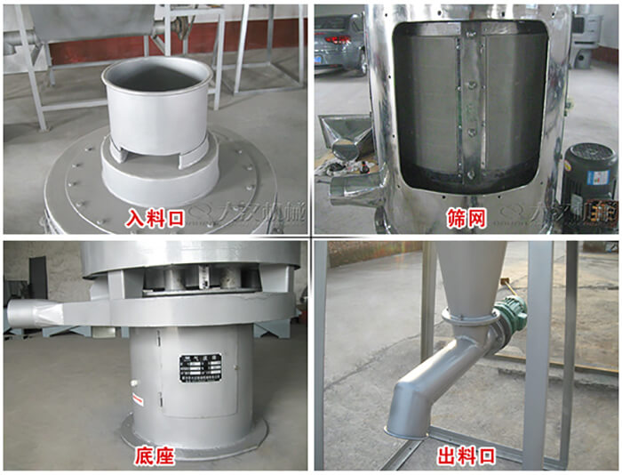氣流篩部件展示：入料口，篩網(wǎng)，底座，出料口等。