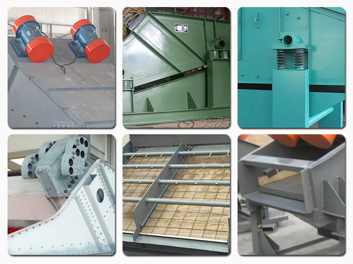 礦用振動篩主要由激振器、篩體、篩網(wǎng)、減振裝置及座架等組成。篩箱由篩框、篩板、襯板等組成