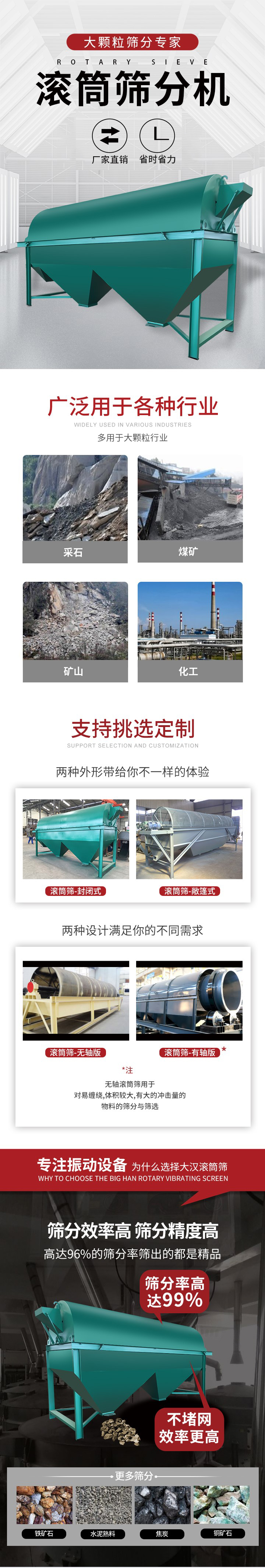 滾筒篩分機(jī)大顆粒篩分專家：廠家直銷，省時(shí)省力。滾筒篩被廣泛應(yīng)用各種行業(yè)：多用于大顆粒行業(yè)例如：采石，煤礦，礦山，化工等。滾筒篩定制類型有哪些：封閉式與敞篷式產(chǎn)品結(jié)構(gòu)分為：無軸式，有軸式兩種，無軸滾筒篩用于對(duì)纏繞，體積較大，有大的沖擊量的物料的篩分與篩選。滾筒篩篩分效率高篩分精度能夠達(dá)到：96%也比較適用于鐵礦石，水泥熟料，焦炭，銅礦石。滾筒篩特點(diǎn)：不飛粉末：密封隔離罩，密封性好，工作過程不會(huì)出現(xiàn)飛粉現(xiàn)象。外型尺寸是按筒體長計(jì)