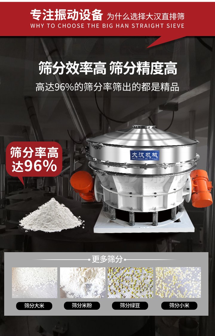 直排篩適用物料有面粉，淀粉，洗衣粉，金屬粉，添加劑，化工，非礦等行業(yè)。