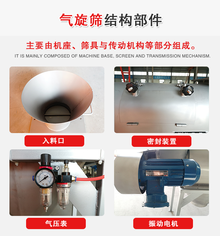 氣旋篩結(jié)構(gòu)：入料口，密封裝置，電機，氣壓表等