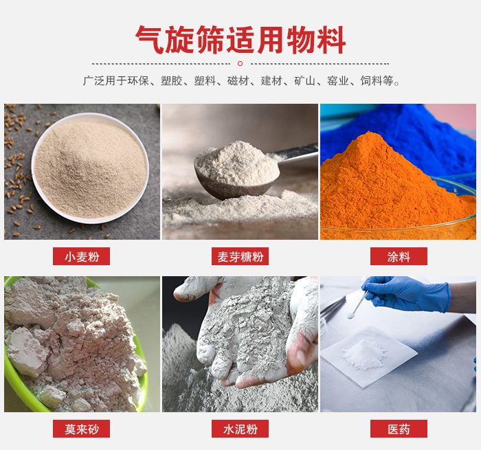 氣旋篩適用物料：小麥粉，麥芽糖粉，涂料，等粉狀物料。