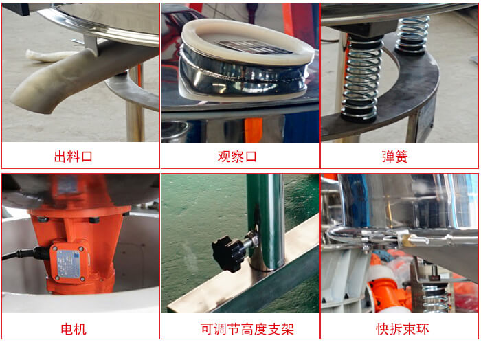 高頻篩細(xì)節(jié)展示：出料口，觀察口，彈簧，電機(jī)，可調(diào)節(jié)高度支架，快拆束環(huán)。