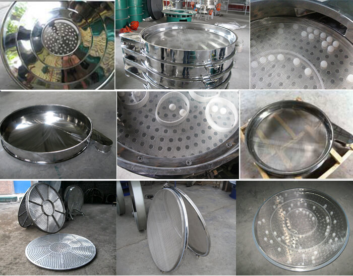 食品振動篩細節(jié)展示：防塵蓋，篩框，網(wǎng)架，底框等。